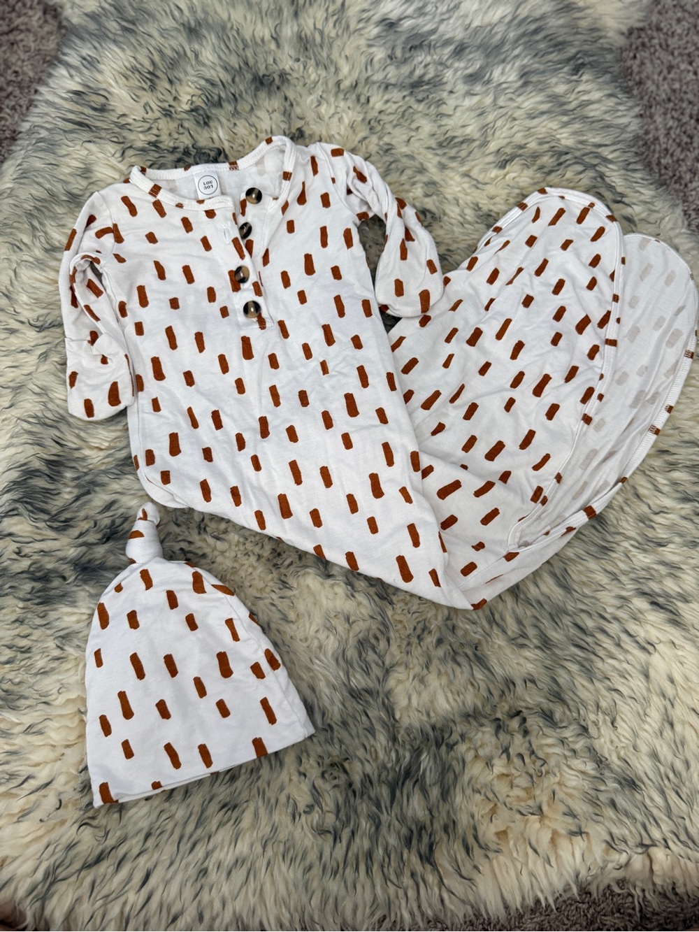 Lou Lou Baby White Knotted Gown & Hat Set with Rust Dot Print